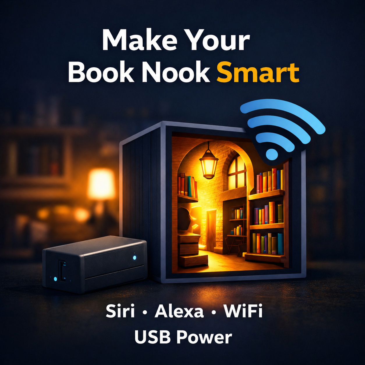 NookSmart: miniature book nook with warm lighting, smart controller, and WiFi—Siri, Alexa, USB power